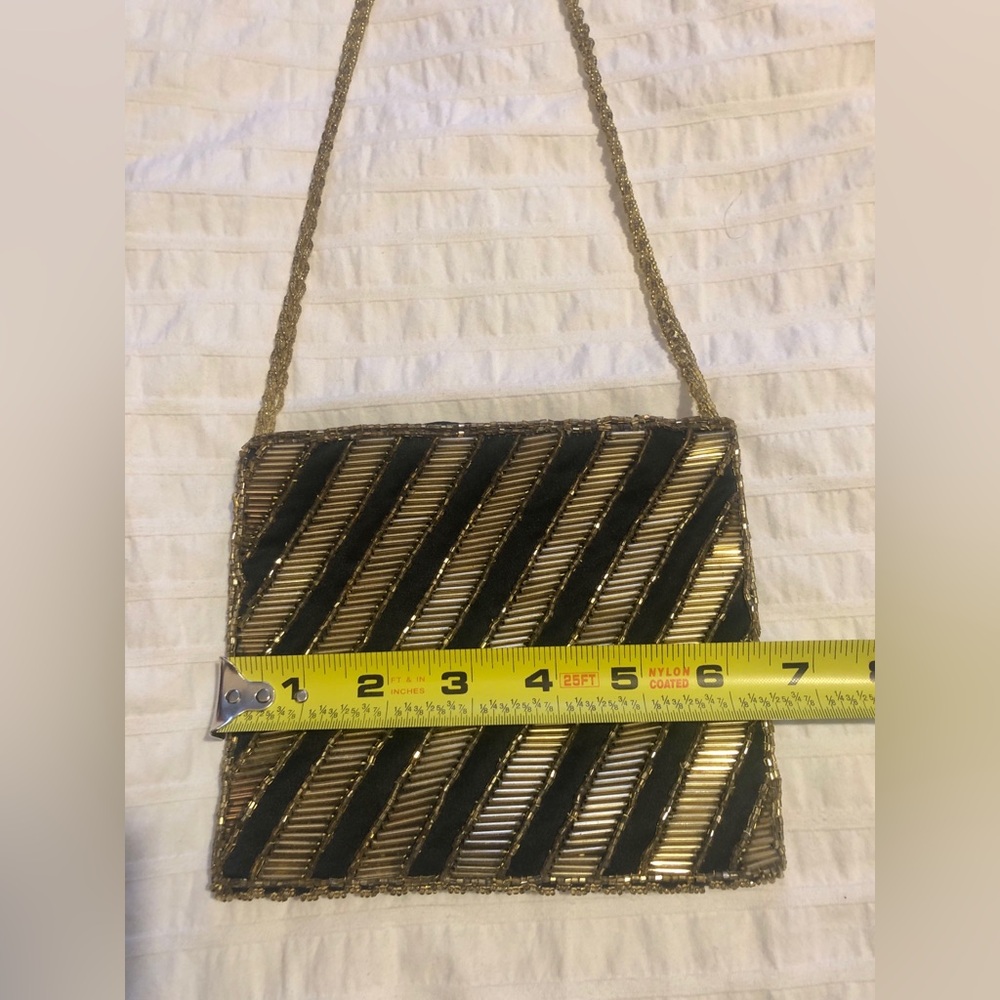 Beaded Gatsby Art Deco Purse Black and Gold Zipper Enclosure Evening Party Bag - Picture 6 of 10